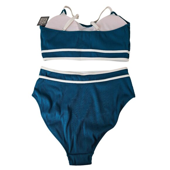 Womens Large High Waisted Bikini Set Adj Straps Ribbed Texture Green White - Picture 6 of 12